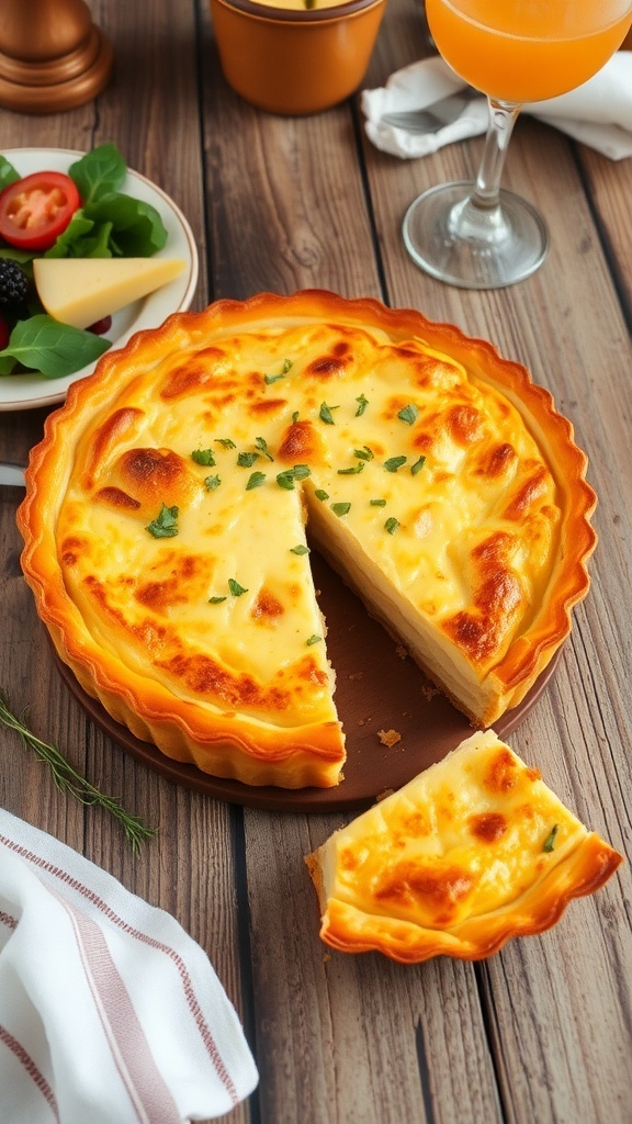 Cheese Quiche with Queijo do Reino A slice of cheese quiche with Queijo do Reino on a wooden table, garnished with herbs, alongside a fresh salad.
